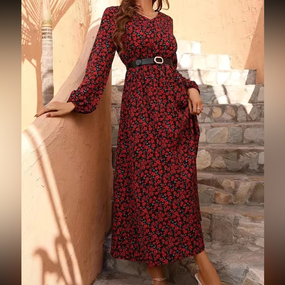 Floral Print V Neck Dress, Elegant Long Sleeve High Waist Maxi Dress, Women